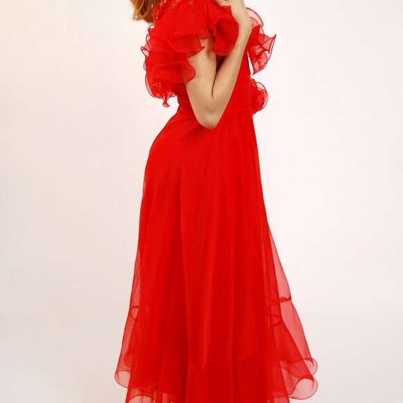 60s Chiffon Gown (XS) vintage red evening dress ruffle prom frilly sheer witch - Picture 3 of 8